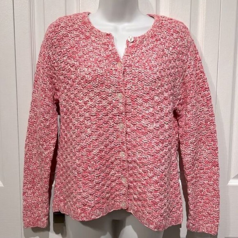 Talbots Pink White Hand Knit Cotton Cardigan Sweater Size M